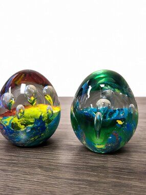 Vintage Art Glass MCM Paperweights Hand Blown Controlled Bubbles Oval Lot of 2